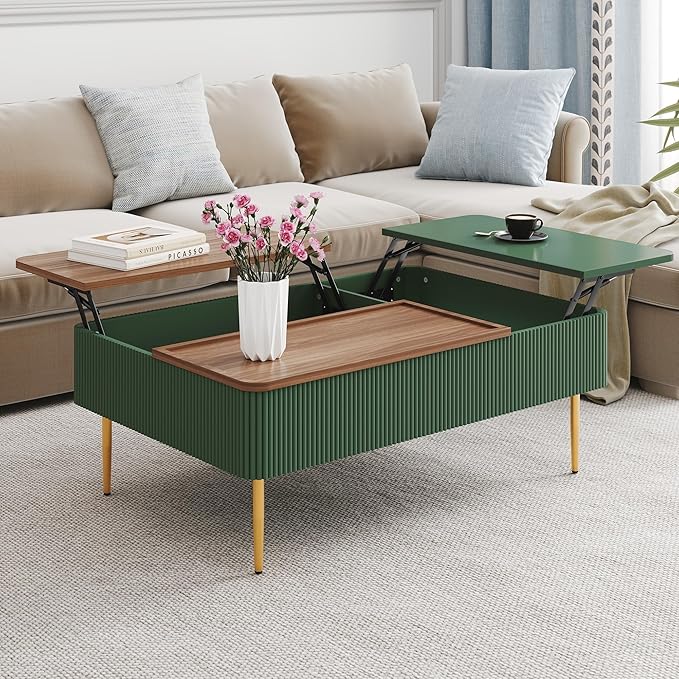 HLR 47" Dual Lift Top Coffee Table with Storage, Modern Wood Fluted Coffee Table with Hidden Compartment for Living Room, Office, Green
