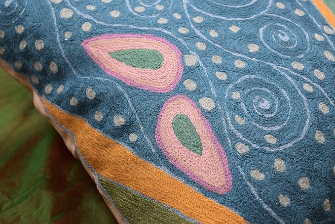 Klimt Blue Teal Modern Pillow Cover Blue - Soul | Mid Century Chair Cushions | Abstract Throw Pillows | Contemporary Pillowcase | Modern Couch Pillows | Hand Embroidered Cushion | Wool Size 18x18
