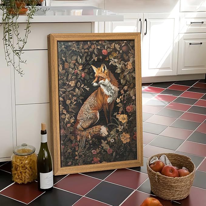 AKWISH Framed 3D Textured Vintage Wall Art - Dark Academia Decor Hand Drawn Sandstone Fox Paintings with Botanical Florals, Aesthetic Wall Decor for Living Room Bedroom Home 12x16 inch