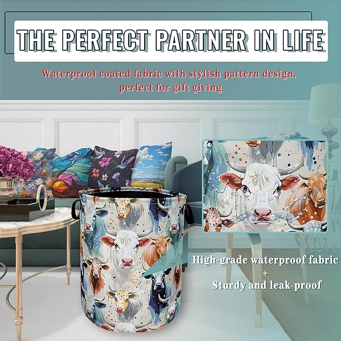 Watercolor Cows Laundry Basket Foldable With Handles Funny Tote BagOxford Cloth Animals Laundry Hamper 18.9" x 16.5" Clothes Storage Bucket Toy Organizer For Bathroom/Laundry/Bedroom