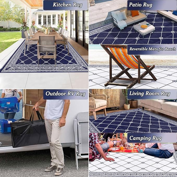 Outdoor Rug 8'x10' for Patios Waterproof Patio Rugs Outdoor Mats for Front Porch,Beach Mat,Reversible Plastic Straw Camping Rugs for Outside RV,Deck,Balcony,Backyard Navy Blue