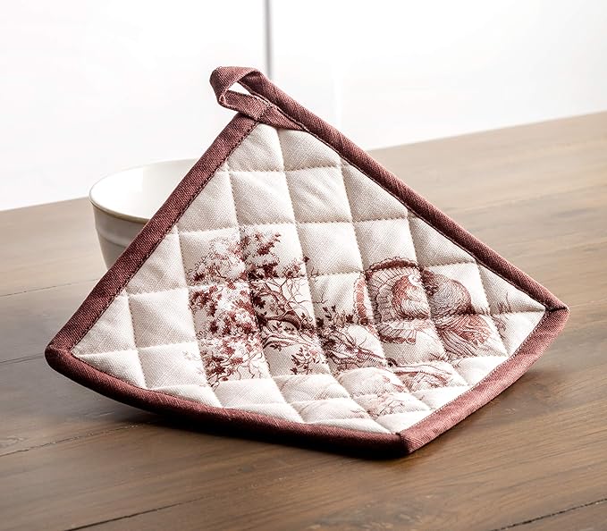 Maison d' Hermine 100% Cotton Oven Mitt & Pot Holder Set (7.5"x13" & 8"x8") Heat Resistant BBQ Cooking Gloves with Loop for Thanksgiving Christmas Decorations Handling Hot Pans (Holy Jouy - Brown)