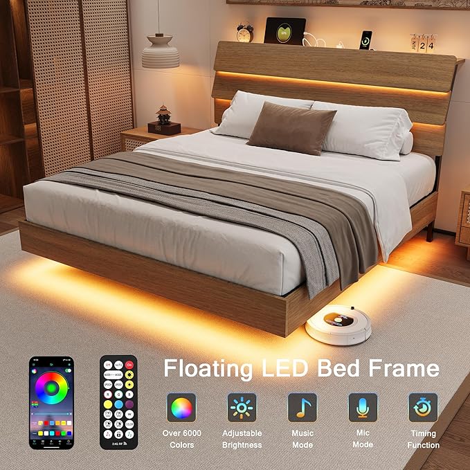 Queen Floating Bed Frame with Charging Station, Led Bed Frame with Wood Storage Headboard, Heavy Duty Metal Slats, No Box Spring Needed, Noise Free, Easy Assembly, Walnut