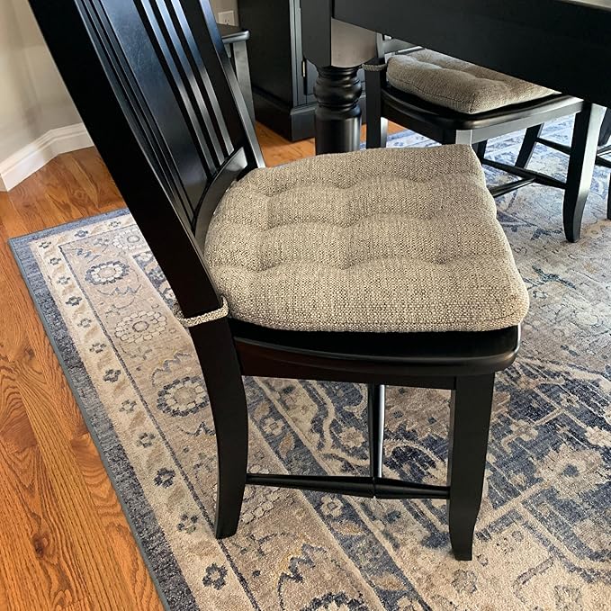 Barnett Home Decor Brisbane Silver Grey Dining Chair Cushions with Ties - 16.5 x 18 Size Medium Chair Pad - Latex Foam Fill, Reversible - Made in USA (Gray)