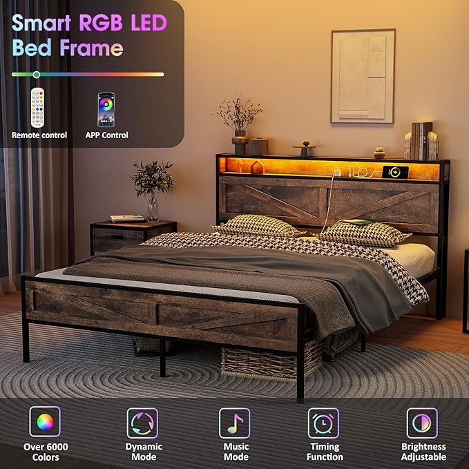 Vabches Queen Size Bed Frame with Headboard and Charging Station, Brown Platform Bed Frame with Led Light, No Box Spring Needed, Noise Free Farmhouse Bedroom Set