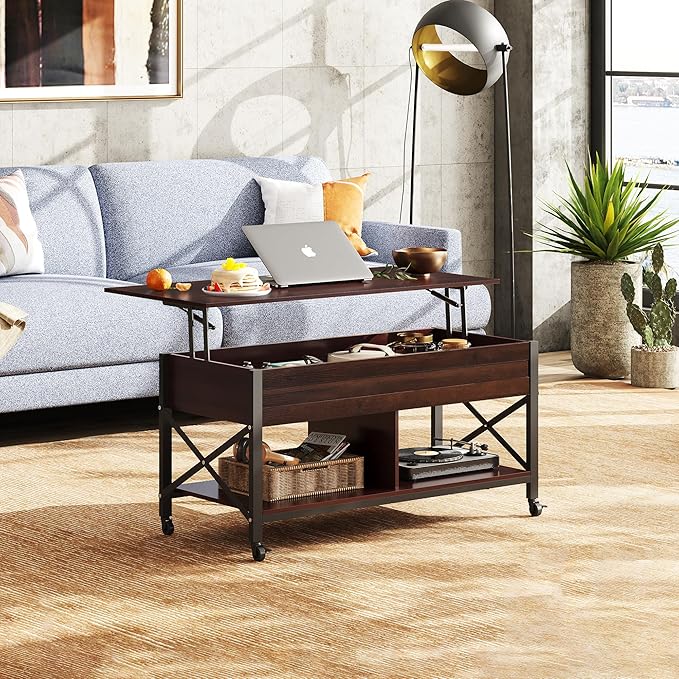 WLIVE Coffee Table, 41.3" Lift Top Coffee Table with 4 Wheels, Hidden Compartment, Storage Shelf and Lift Tabletop for Living Room, Reception Room, Espresso
