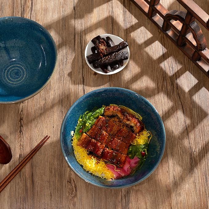 8 Inch Ceramic Ramen Bowl Set of 2, 40oz Japanese Bowls with Spoons & Chopsticks,Durable,Microwave & Dishwasher Safe,Perfect for Ramen,Pho,Salad,Soup,Noodles，Mixing bowls（Azure）