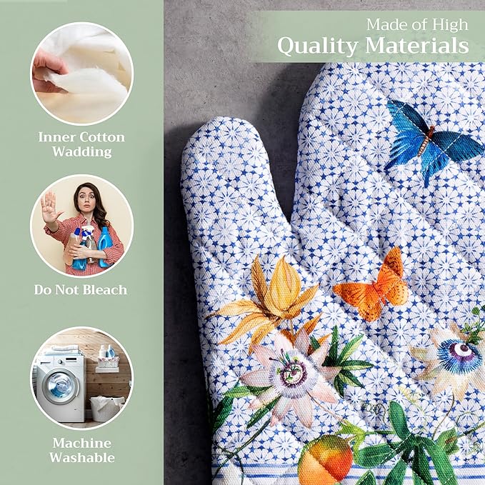 Maison d' Hermine Oven Gloves 100% Cotton Oven Mitt 7" x 13" with Loop Heat Resistant, BBQ, Cooking Gloves, Baking, Grilling, Kitchen, Handling Hot Pans Spring/Summer (Pack of 1, Passiflora)