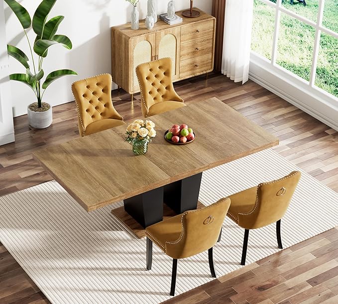 Goujxcy 5-Piece Extendable Dining Table Set for 4-8 People 63-78 Inch Kitchen Table Set with 4 Velvet Upholstered Chairs Farmhouse Rectangular Dining Room Table Set for Kitchen Dining Room Apartment