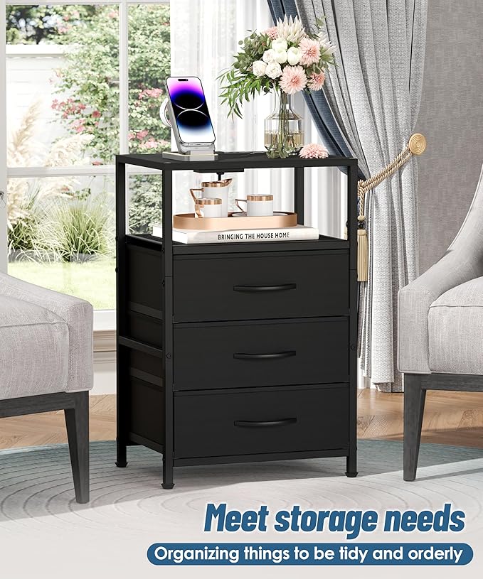 End Table with Charging Station, 11" D x 15" W Night Stand with LED Light, Nightstand with Fabric Drawers, Bedside Table with Open Shelf, Side Table for Bedroom, Living Room, Black