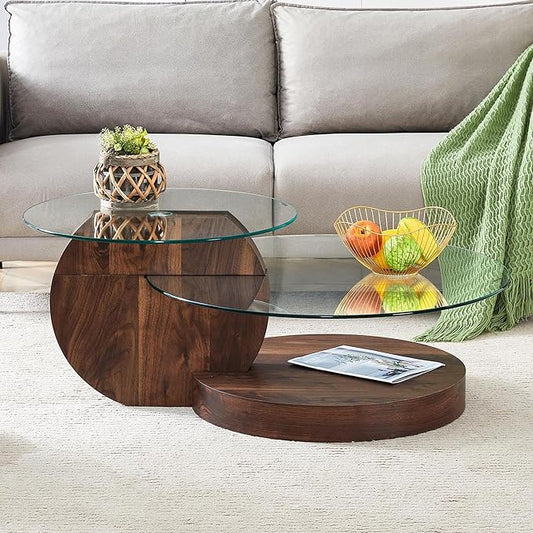 Glass Coffee Table, Modern Round Glass Coffee Table with Wooden Base, 3 Tier Round Coffee Table, Clear Cocktail Table with Storage for Living Room, Office, Balcony, Walnut