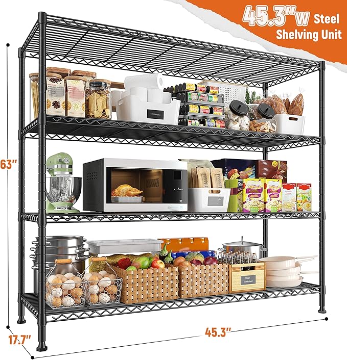 REIBII Storage Shelves 45.3''W Wire Shelving Unit 4 Tier Metal Shelves for Storage Rack Metal Shelving for Pantry Shelves Kitchen Steel Shelving, 45.3''W*63''H*17.7" D, 2 Pack