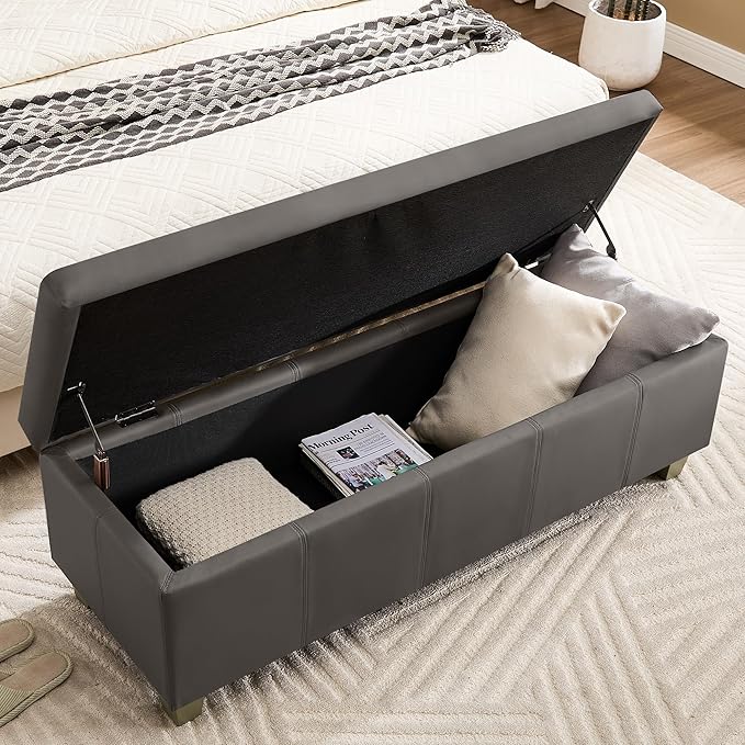 51" Faux Leather Storage Ottoman, Stitch Tufted Rectangle Upholstered End of Bed Storage Bench, Entryway Large Couch Ottoman with Wooden Legs,Dark Grey