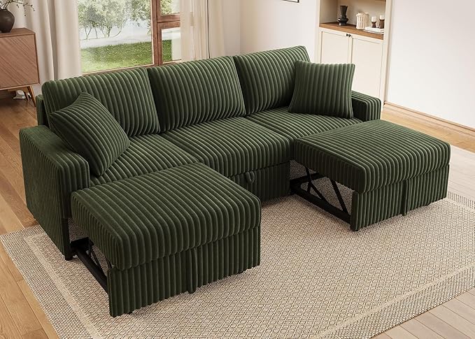 HONBAY Sectional Sofa, Modular L Shaped U Shaped Pull Out Couch with Storage, Velvet Green
