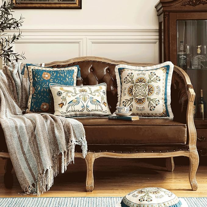 patdrea Designer Rectangle Throw Pillow Covers Set of 2,Farmhouse Blue Linen with Birds Floral Pattern Pillow Cover,Decorative Lumbar Pillowcases Cushion for Bed Living Room Outdoor Car,12"x20"