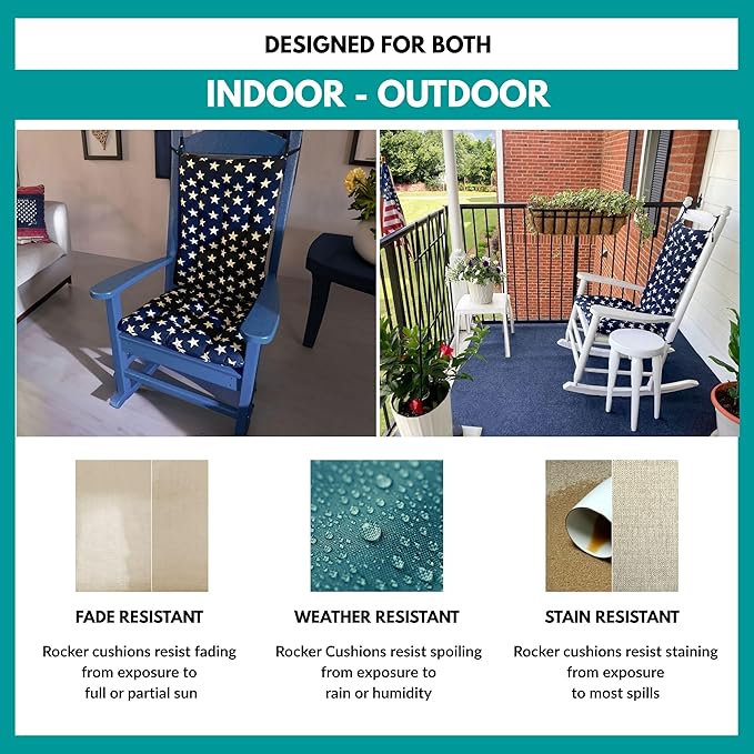 Barnett Home Decor Stars Navy Porch Rocker Cushions - Indoor-Outdoor: Fade Resistant, Waterproof - Latex Foam Fill Rocking Chair Seat Cushion & Backrest Pad Set (Extra-Large, Stars Navy)