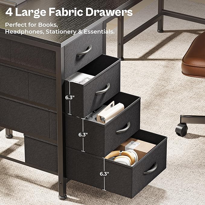 Huuger 63 Inch L Shaped Desk with Fabric Drawers, Reversible Computer Gaming Desk with Power Outlets and USB-C Port, Adjustable Side Storage Shelves, for Work Study Corner Home Office, Black