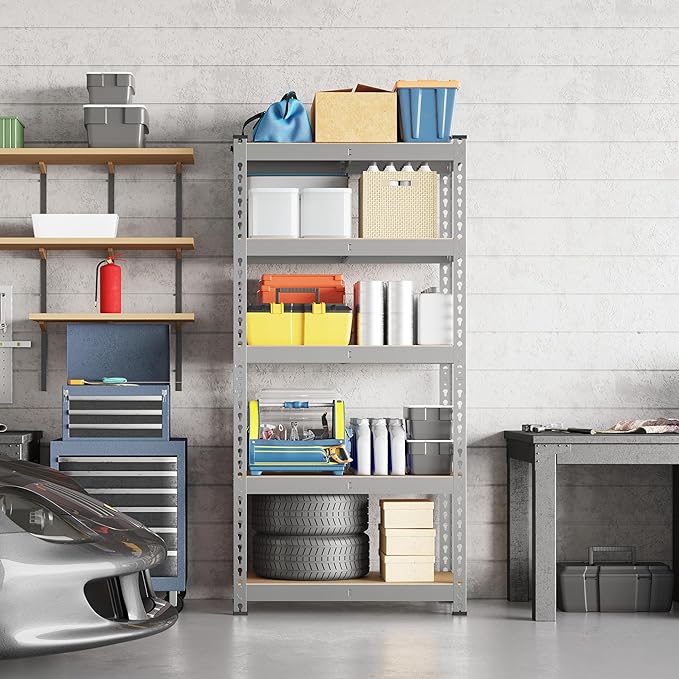 Yaheetech Storage Shelves 5 Tier Garage Shelving Heavy Duty Garage Shelves Adjustable Metal Shelving Unit Utility Rack Industrial Shelving for Warehouse Pantry Closet, 27.5"W x 12"D x 60"H, Light Gray