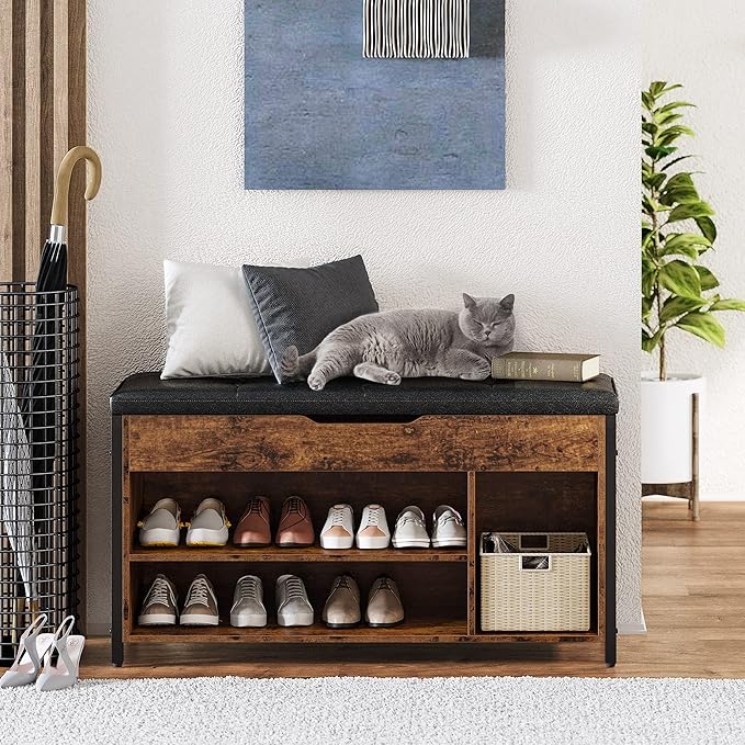 Shoe Bench, Lift Top Shoe Storage Bench, Adjustable Shelf Entryway Bench, Metal and Wood Shoe Rack Organizer with Cushion for Entry, Bedroom, Closet, Living Room, Hallway (Brown, 35.5“W)