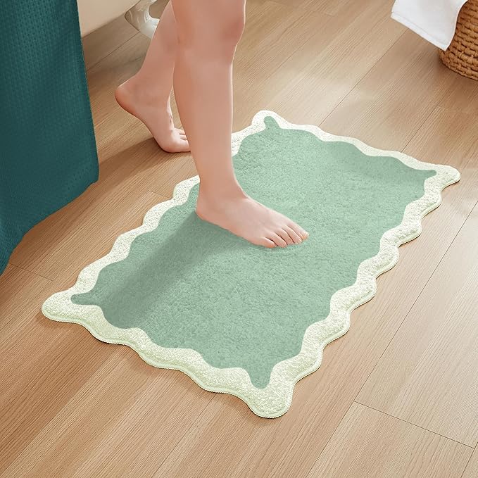 MONDAY MOOSE Bath Mat with Scalloped Wavy Ripple Design, Microfiber Absorbent Non Slip Tufted Rug for Floor, Shower or Kitchen (16x24 inch, Sage)