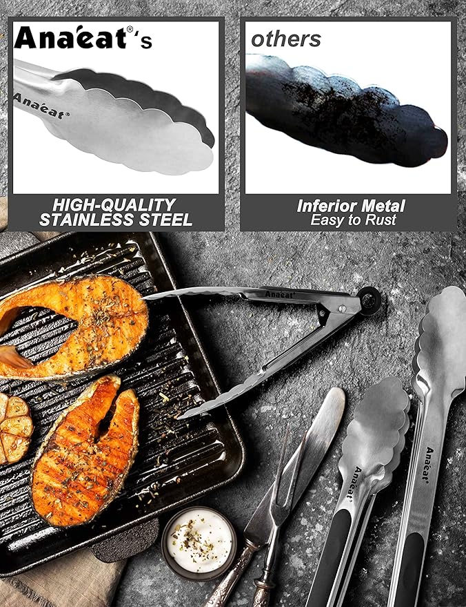 Anaeat 7" Mini Cooking Tong Stainless Steel - Sturdy Coiled Spring Locking Kitchen Food Tong with Non-Slip Silicone Grip for Serving, Cooking, Baking - Heat Resistant up to 480°F (Black)
