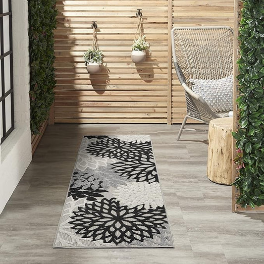 Nourison Home Aloha 6' Runner Black White Fabric Tropical Area Rug (6' Runner)