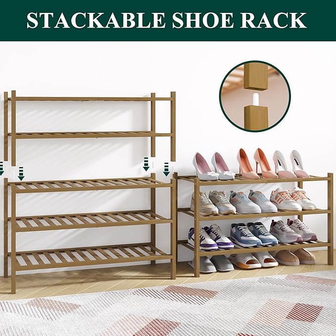 Smiry Bamboo Shoe Rack for Closet, 5 Tier Wooden Stackable Shoe Organizer, Free Standing Shoes Storage Shelf for Entryway, Front Door Entrance, Walnut