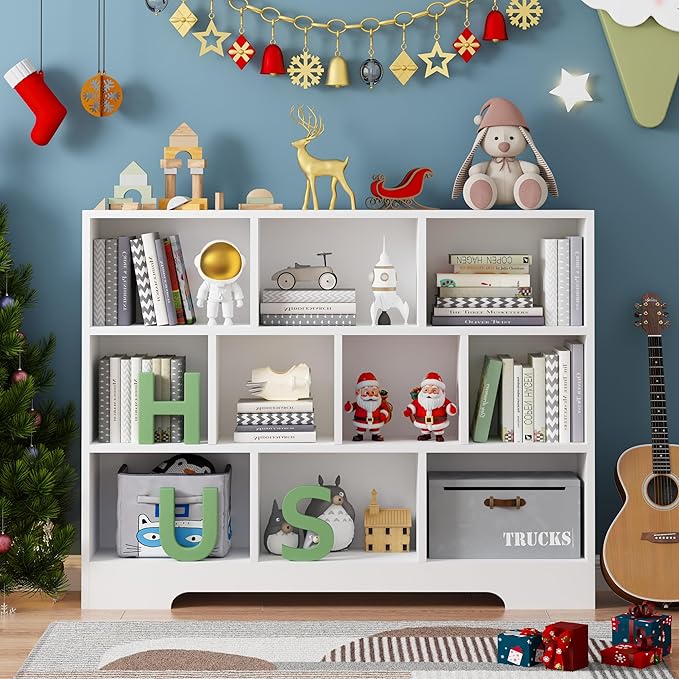 Book Shelf for Kids, 10 Cubes Storage Organizer Montessori Bookshelf, 3-Tier Wooden Kids Bookcase, Toy Storage Organizer for Children, white Toddler Bookshelf Cube Shelf for Kid’s Room, Classroom