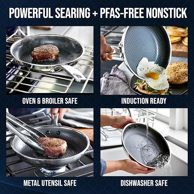 Blue Diamond Hybrid Nonstick Stainless Steel 10” Frying Pan, PFAS-Free Ceramic Diamond Surface Skillet, Diamond Bond Powerful Searing, Dishwasher Safe, Stay-Cool Handle, Induction Ready, All Cooktops