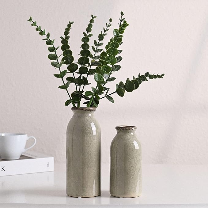 VICTOR & TERESA Green Ceramic Vases Home Decor, Farmhouse Vase for Flowers, Flower Vase Set of 2, Rustic Decorative Vases for Pampas Grass, Table, Living Room, Shelf, Centerpieces, 8 inch