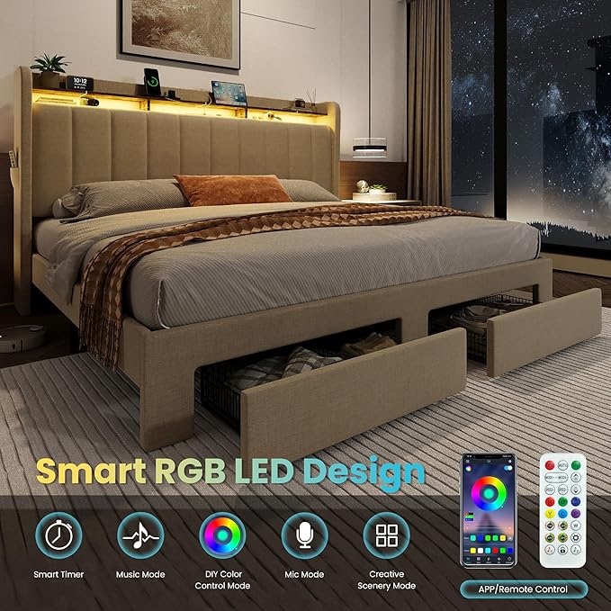 SHA CERLIN King Size Platform Bed Frame with Vertical Channel Tufted Wingback Headboard & 2 Storage Drawers/2-Tier Shelves with LED Lights & Charging Station/Noise-Free/No Box Spring Needed/Beige