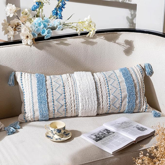Blue Decorative Lumbar Throw Pillow Cover 14x36 Boho Long Cushion for Bed Neutral White Accent Farmhouse Pillowcase for Bedroom Living Room Couch Sofa Home Décor (Cover ONLY, Pack of 1)