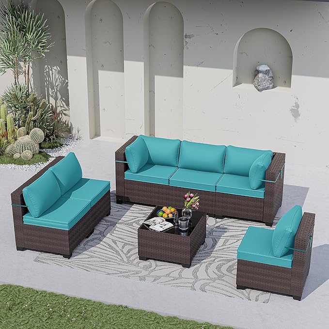 Kurapika 7 Pieces Patio Furniture Set, Rattan Wicker Outdoor Conversation Sets w/4 Inch Cushion and Glass Coffee Table(Blue)
