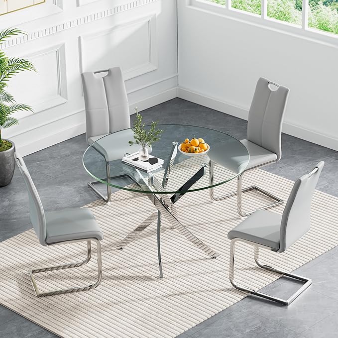Goujxcy 5 Pieces Round Dining Table Set for 4, Modern Silver Glass Kitchen Table and Chairs for 4 with Upholstered Chairs, Circle Coffee Dining Table Set for Small Space,Apartment,Office