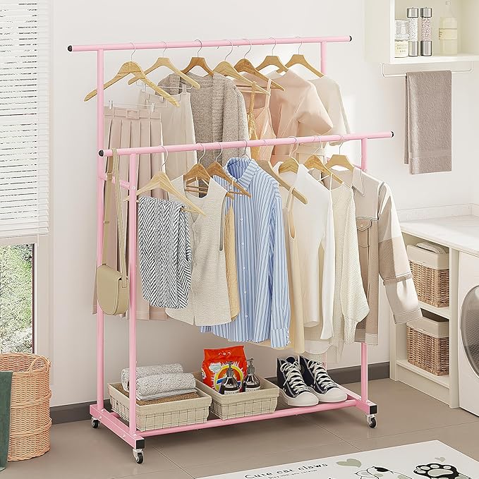 Calmootey Double Rod Clothing Garment Rack,Rolling Hanging Clothes Rack,Portable Clothes Organizer for Bedroom,Living Room,Clothing Store,Pink
