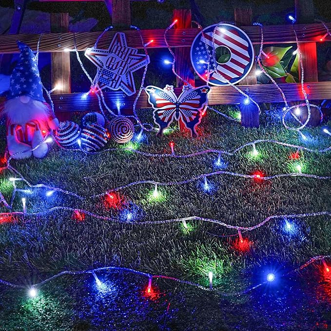 KAQ Red White & Blue Lights 115FT 300LED 4th of July Decorations Outdoor/Indoor, Extendable Plug-in Twinkle Fairy Lights Waterproof with 8 Modes&Timer Independence Day Patriotic Tree Decorations