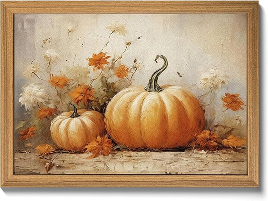 Framed Vintage Halloween Pumpkin Wall Art – 3D Texture Harvest Pumpkins Pictures Fall Wall Decor for Living Room, Rustic Autumn Pumpkin Art Prints for Kitchen, Bedroom, Home or Party – 16x24in