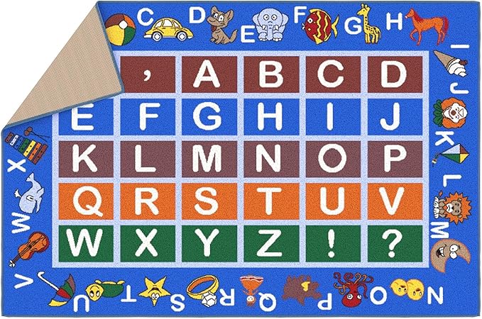 Ottomanson 3'3" x 5' Alphabet Kids Rug - Educational ABC Play Mat for Playroom, Bedroom, Daycare & Classroom - Fun & Interactive Learning Carpet - Durable & Non-Slip for High-Traffic Areas, Blue