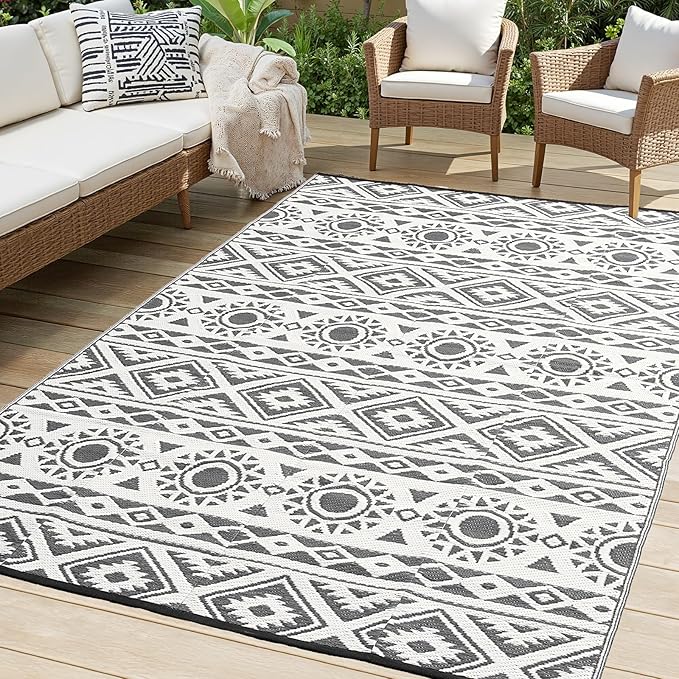 Outdoor Rug Waterproof 8x10 ft, Reversible Outdoor Plastic Straw Rug Patio Rug, RV Rugs for Outside, Outdoor Carpet for Patio Camping Deck Balcony Backyard, Black & Gray