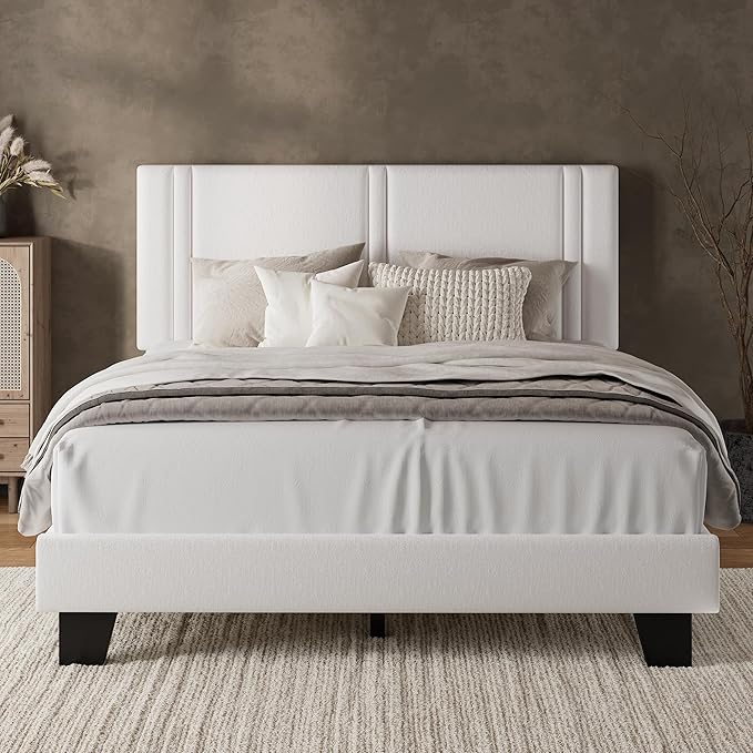 iPormis Full Platform Bed Frame with Velvet Upholstered Headboard & Thickened Legs, Mattress Foundation w/Solid Wooden Slats Support, Noise Free, No Box Spring Needed, White