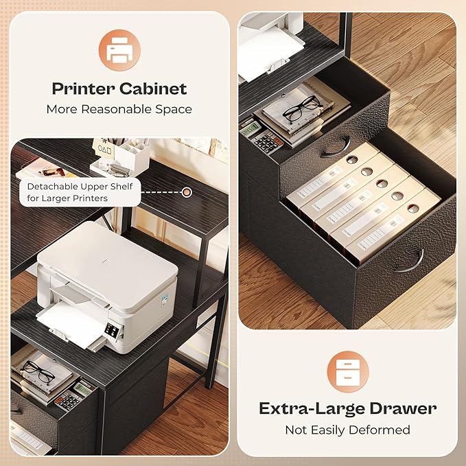 PRAISUN 66 Inch L Shaped Computer Desk with Power Outlets and LED Lights, Home Office Desk with Fabric Drawers and Print Stand, L Shape or Long Set up, Monitor Stand, Mesh CPU Stand, Black