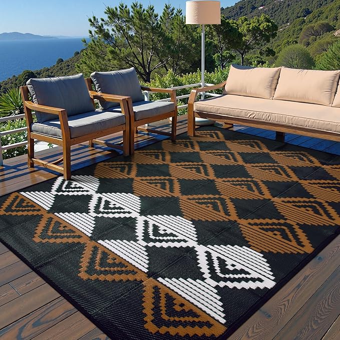 Beeiva Outdoor Rugs 8x10 Waterproof, Modern Geometric Reversible Patio Rug 8x10, Large Foldable Outdoor Plastic Straw Rug for Camping, Porch, Backyard, Balcony, Picnic - Black & Brown