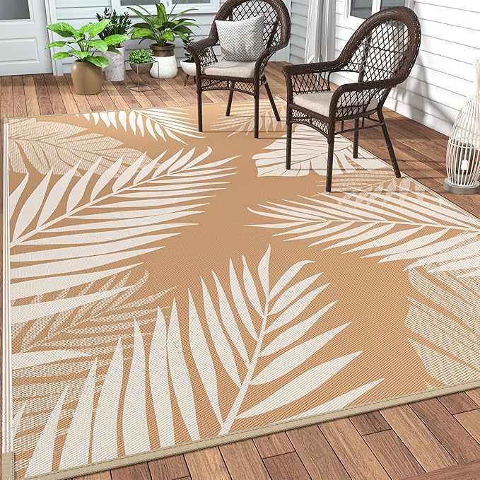 GENIMO Outdoor Rug 9' x 12' Waterproof for Patios Clearance, Reversible Outdoor Plastic Straw Camping Rug Carpet, Large Area Rugs Mats for RV, Camper, Deck, Balcony, Porch, Beach, Picnic, Brown&Beige