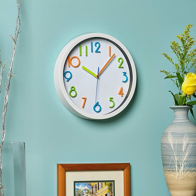 Bernhard Products Colorful Kids Wall Clock 10 Inch Silent Non Ticking Quality Quartz Battery Operated Wall Clocks, Easy to Read 3D Multi Colored Numbers Nursery Classroom Office Kitchen White Frame