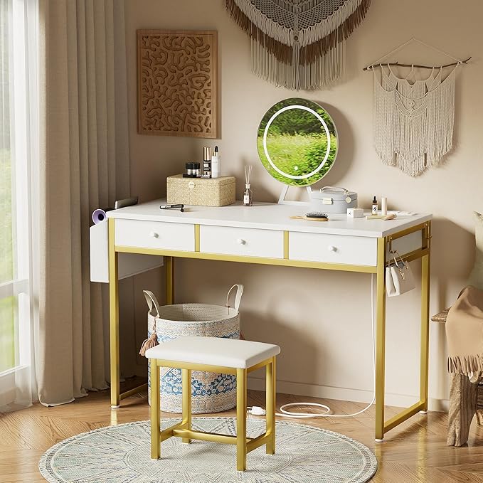 Girls Vanity Desk with Mirror and Lights Small Makeup Vanitys Set with Chair Fabric Drawers Power Outlet, Dressing Table Vanities for Kids Bedroom 40“ White and Gold