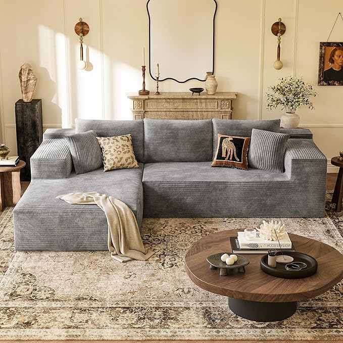 YESHOMY Sectional Couch, 108" Boneless Couches for Living Room, Modular Sectional Sofa with Deep Seat, Cloud Comfy Couch with L-Shape Chaise, No Assembly Required (Corduroy, Gray)