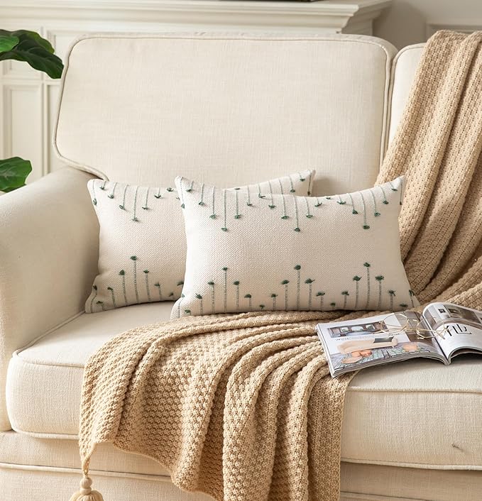 Boho Throw Pillow Covers 12x20 Set of 2 Decorative Pillows for Bed, Neutral Pillow Covers Beige with Green Line Throw Pillows for Modern Farmhouse Couch Sofa Living Room Outdoor