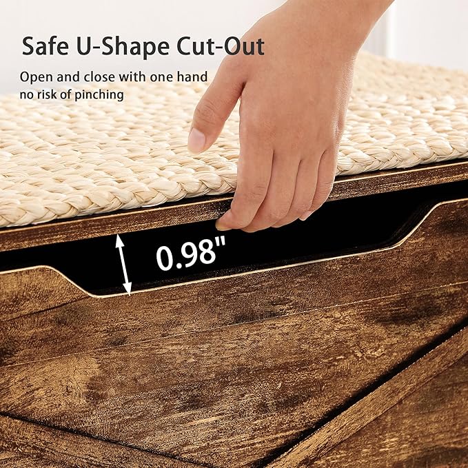 VECELO 30" Farmhouse Style Storage Bench, Entryway Shoe Ottoman, with Handwoven Cushion, with Metal Safety Hinges, for Bedroom, Living Room, Entryway, Brown