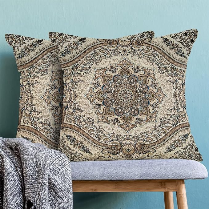 Boho Throw Pillow Covers 18x18 Inch Set of 2, Linen Ethnic Design Pattern Decorative Throw Pillow Covers Gray Carpet Pattern Outdoor Cushion Cover for Sofa Couch Farmhouse Room Bed Decor