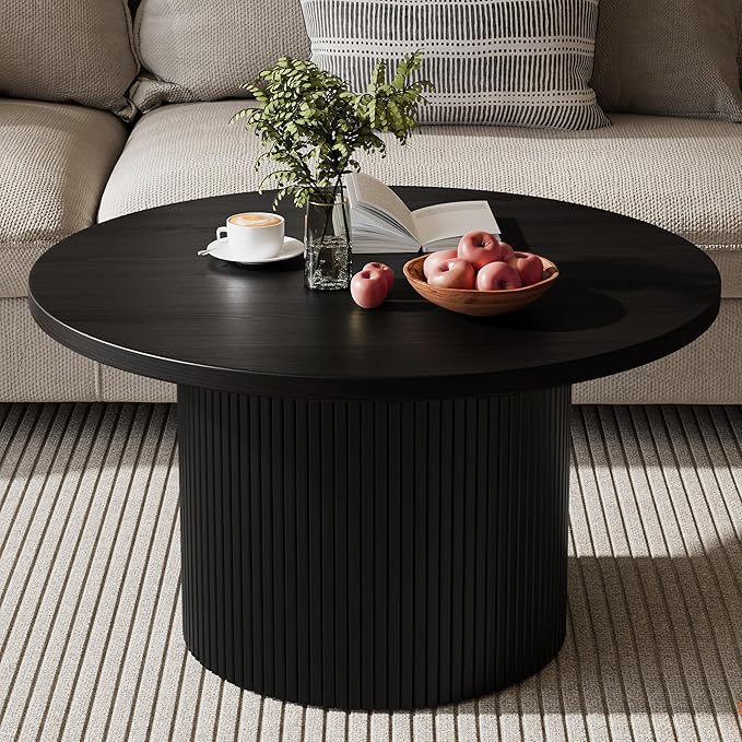 Black Round Coffee Table with Metal Frame, 35" Coffee Tables for Living Room, Circle Wood Accent Center Table for Apartment